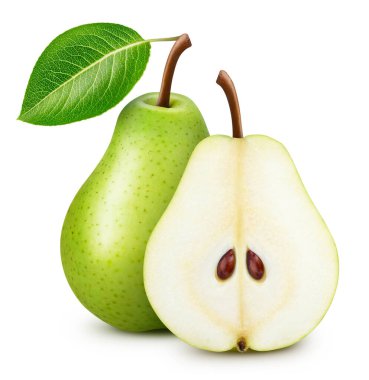 Armut yarısı yapraklarla yalıtılmış. Armut üstüne beyaz. Armut kırpma yolu.
