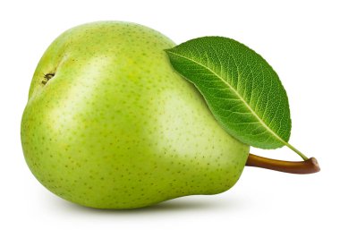 Armut kırpma yolu. Armut, beyaz arka planda izole edilmiş. Armut ve yaprak