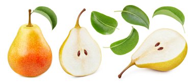 Armutların yarısı koleksiyon. Beyaz arka planda izole edilmiş organik yapraklı armutlar. Kırpma yolu olan armut makrosu