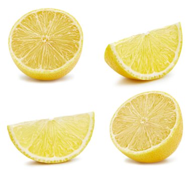 Yaprak izole edilmiş limon meyvesi. Limonlu, dilimli, beyaz yapraklı. Limon kırpma yolu.