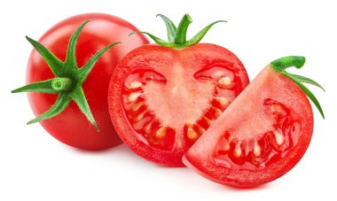 Yapraklı domates. Beyaz arka planda taze organik domates. Domates makrosu