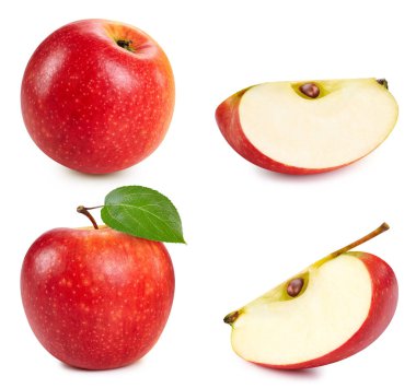Beyaz arka planda yaprakları olan kırmızı elma. Apple koleksiyonu izole edilmiş kırpma yolu. Kırmızı elma makro stüdyo fotoğrafı