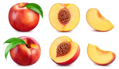 Şeftali. Beyaz arka planda taze organik şeftali. Şeftali koleksiyonu