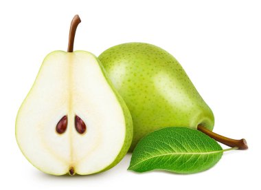 Armut yarısı yapraklarla yalıtılmış. Armut üstüne beyaz. Armut kırpma yolu.