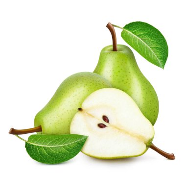 Yapraklı armut meyvesi. Armut üstüne beyaz. Armut kırpma yolu.