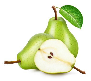 Taze armut kırpma yolu. Beyaz arka planda olgun armutlar. Projen için fotoğraf armutları.