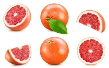 Greyfurt koleksiyonu izole edilmiş kırpma yolu. Beyaz arka planda yaprakları olan greyfurt