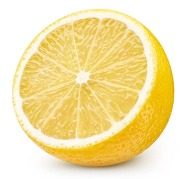 Limonlu makro stüdyo fotoğrafı. Limonun yarısı beyaz arka planda. limon Kırpma Yolu