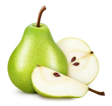 Yeşil armutlar. Armutlar beyaz arka planda izole edilmiş. Armut kırpma yolu.