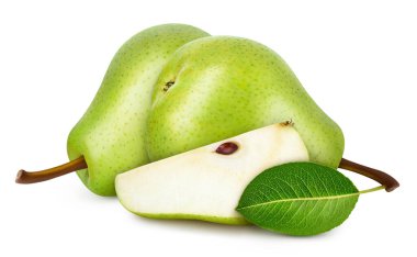 Yeşil armutlar. Armutlar beyaz arka planda izole edilmiş. Armut kırpma yolu.