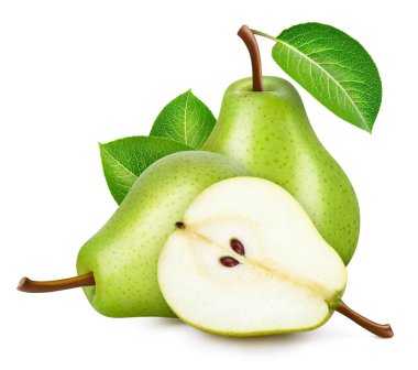 Yeşil armutlar. Armutlar beyaz arka planda izole edilmiş. Armut kırpma yolu.