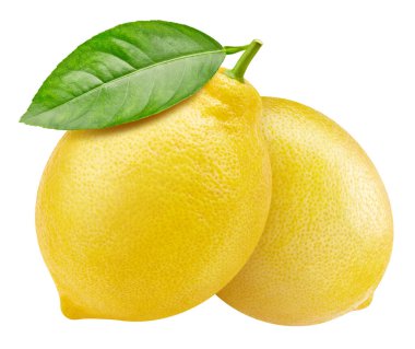 İki dilim limon ve yeşil yaprak kırpma yolu. Beyaza izole edilmiş organik taze limon. Tam alan derinliği