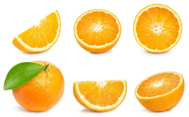 Turuncu koleksiyon. Kırpma yolu beyaz arkaplanda izole edilmiş turuncu. Taze organik meyve. Tam alan derinliği