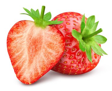 Çilek soyutlanmış. Beyaz üzerine çilek. Tam alan derinliği. Kırpma yolu olan çilek