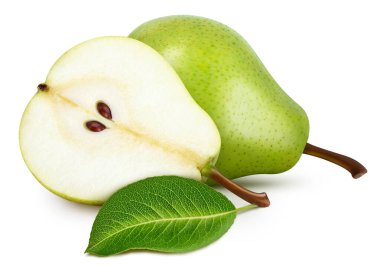 Yapraklı armut. Armut, beyaz arka planda izole edilmiş. Armut makrosu. kırpma yolu ile