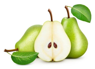 Yapraklı armut meyvesi. Armut üstüne beyaz. Armut kırpma yolu.