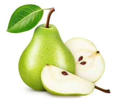 Yapraklı armut meyvesi. Armut üstüne beyaz. Armut kırpma yolu.