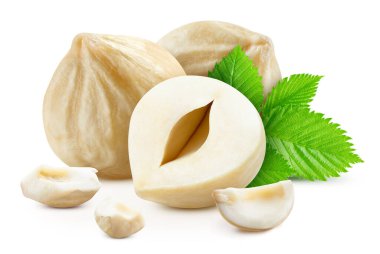 Yapraklı fındık. Fındık, beyaz arka planda izole edilmiş. Fındıklı makro. kırpma yolu ile