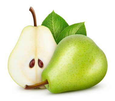 Yapraklı armut. Armut, beyaz arka planda izole edilmiş. Armut makrosu. kırpma yolu ile