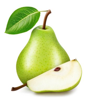 Yapraklı armut. Armut, beyaz arka planda izole edilmiş. Armut makrosu. kırpma yolu ile