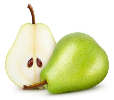 Armutlar. Armutlar beyaz arka planda izole edilmiş. Armut kesme yolu. Armut makro stüdyo fotoğrafı