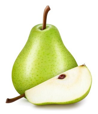 Armutlar. Armutlar beyaz arka planda izole edilmiş. Armut kesme yolu. Armut makro stüdyo fotoğrafı