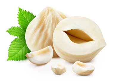 Beyaz arka planda yeşil yapraklı fındıklar. Kesme yolu olan fındık koleksiyonu. Fındık yığını tam derinlikte makro çekim.