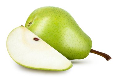 Armut dilimi. Beyaz arka planda yeşil armut dilimi. Kırpma yolu ile armut