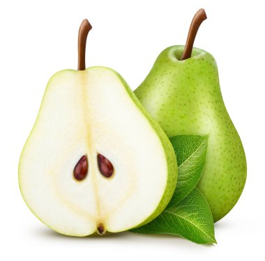 Yapraklı armut. Armut, beyaz arka planda izole edilmiş. Armut makrosu. kırpma yolu ile