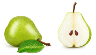 Yapraklı armut. Armut, beyaz arka planda izole edilmiş. Armut makro stüdyo fotoğrafı. kırpma yolu ile