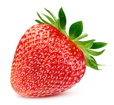 Çilek toplama yolu. Çilek beyaz arka planda izole edilmiş. Çilekli stüdyo makro çekimi