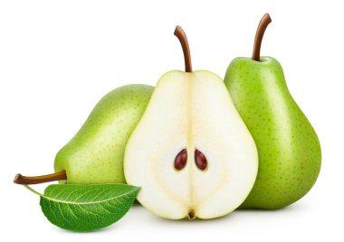 Beyaz zemin üzerinde yaprak izole yeşil armut. Green Pear yolu kırpılıyor. Yeşil Armut. Green Pear makro stüdyo fotoğrafı