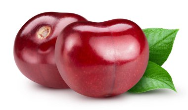 Beyaz arka planda izole edilmiş kiraz. Kiraz yaprağı makro stüdyo fotoğrafı. Kesme yolu Kiraz