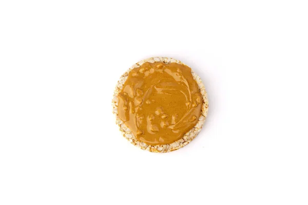 Bolo Arroz Isolado Com Manteiga Amendoim Fundo Branco — Fotografia de Stock