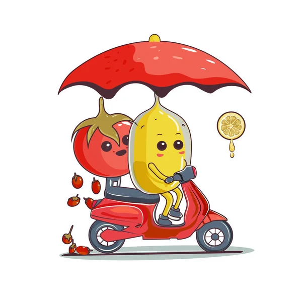 Drôle Personnage Dessin Animé Tomate Citron Sur Scooter Vecteur Avec — Image vectorielle