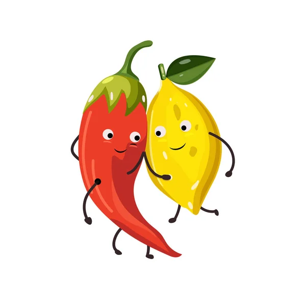 Funny Cute Red Chilli Yellow Lemon Cartoon Character Vector Green — Stock Vector