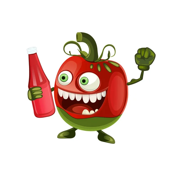Joyeux Personnage Dessin Animé Vecteur Tomate Drôle Avec Bouteille Cathup — Image vectorielle
