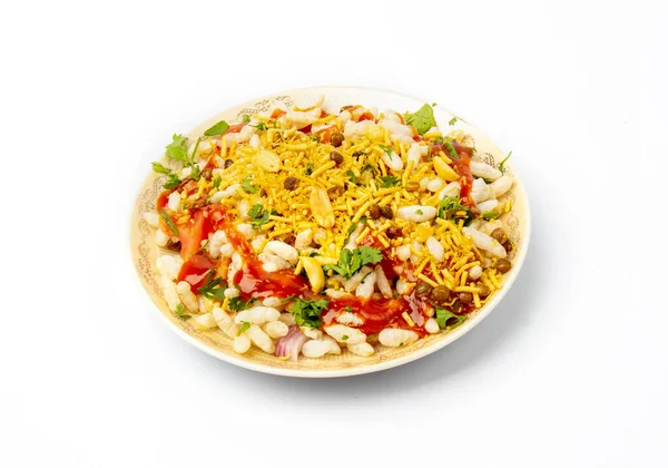 Ινδικό Σπίτι Έκανε Bhelpuri Street Food Πικάντικα Σνακ Λευκό Φόντο Εικόνα Αρχείου