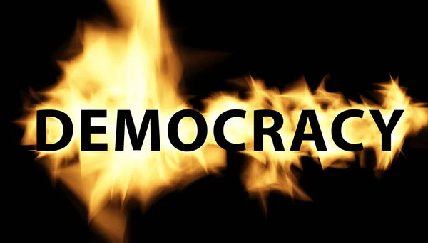 Texto Gráfico Democracia Con Efecto Fuego Llama Sobre Fondo Negro — Foto de Stock
