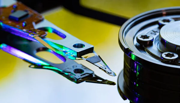 stock image Macro Close up of inside of magnetic Hard Disc Drive with mirror surface and read writer head