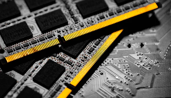 Makró Számítógép Közeli Ram Chip Alaplap Sötét Háttérrel — Stock Fotó