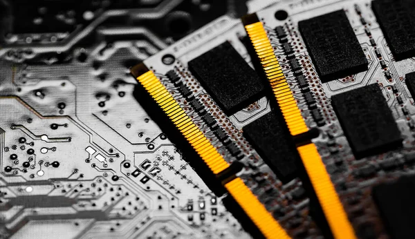 Makró Számítógép Közeli Ram Chip Alaplap Sötét Háttérrel — Stock Fotó