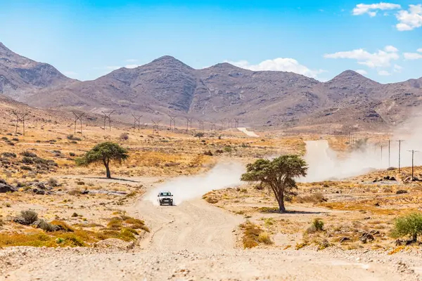 4x4 araç Güney Afrika 'daki Richtersveld Ulusal Parkı' nda çakıl yolda ilerliyor.