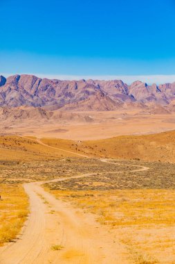  Richtersveld Ulusal Parkı 'ndaki açık alanda toprak yol, Güney Afrika' nın çorak bölgesi.