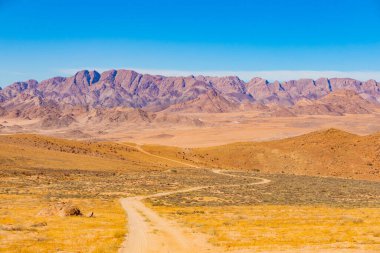  Richtersveld Ulusal Parkı 'ndaki açık alanda toprak yol, Güney Afrika' nın çorak bölgesi.