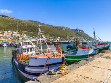 Cape Town, Güney Afrika - 11 Aralık 2023: Küçük balıkçı tekneleri Kalk Körfezi Limanı 'na yanaştı