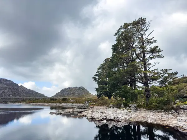 Cape Town engebeli dağlarının tepesindeki rezervuar barajının manzarası