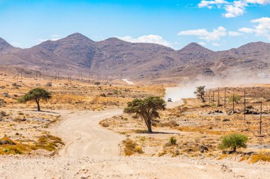 4x4 araç Güney Afrika 'daki Richtersveld Ulusal Parkı' nda çakıl yolda ilerliyor.