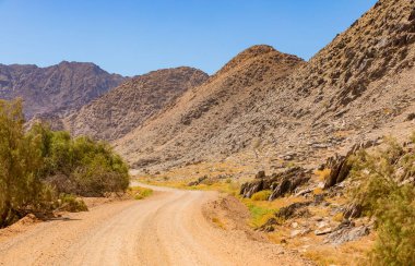 Richtersveld Ulusal Parkı 'ndaki çakıllı toprak yol, Güney Afrika' nın çorak bölgesi.