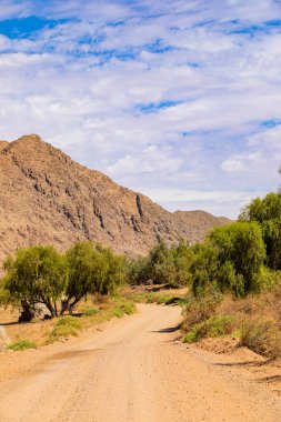 Richtersveld Ulusal Parkı 'ndaki çakıllı toprak yol, Güney Afrika' nın çorak bölgesi.